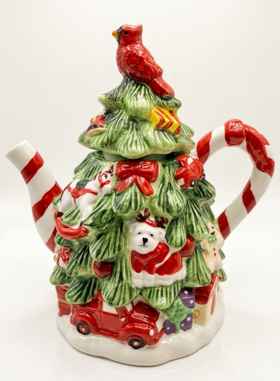 Vintage Pier 1 Christmas Tree Hand Painted Teapot with Red Cardinal Topper